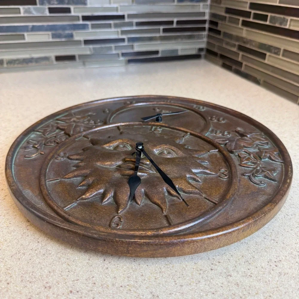 Bronze Sun Face Wall Clock & Thermometer Celestial Indoor/Outdoor Decor 11.5